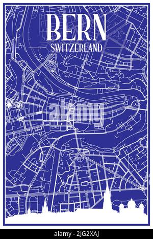 Technisches Zeichnungsausdruck Stadtplakat mit Panorama-Skyline und handgezeichneten Straßen Netzwerk auf blauem Hintergrund der Innenstadt VON BERN, SCHWEIZ Stock Vektor