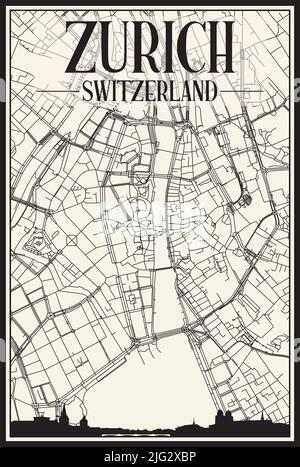 Stadtplakat mit hellem Ausdruck und Panorama-Skyline und handgezeichneten Straßen auf Vintage-beigen Hintergrund der Innenstadt VON ZÜRICH, SCHWEIZ Stock Vektor