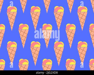 Eiscreme-Membran mit nahtlosem Muster. Eis in einem Wafer-Stil-Kegel. Sommerhintergrund mit Eis im Pop-Art-Stil. Design für Banner, Werbe-p Stock Vektor