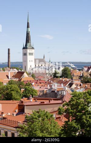 Skyline von Tallinn; Blick auf die Altstadt von Tallinn mit Blick auf den Hafen und die St. Olaf Kirche im Sommer; Tallinn Estland Europa. Tallinn Reisen. Stockfoto