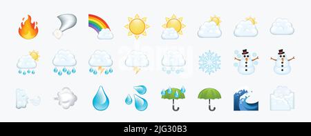 Buntes Wetter, Klima, Vorhersage, Sternensymbole. Himmel, Wolken, Meteorologie Vektor Illustration Emojis, Emoticons, Symbolsatz, Sammlung, Gruppe. Stock Vektor