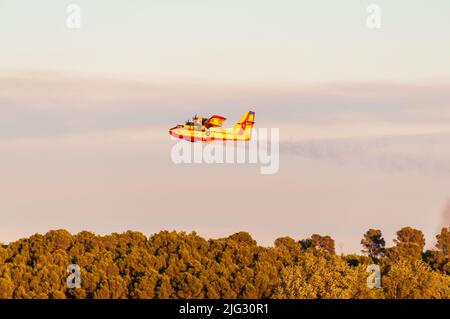 Canadaire versucht, im Sommer in der Garrigue in der französischen Gemeinde von Canzitanie ein Feuer zu löschen Stockfoto