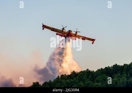 Canadaire versucht, im Sommer in der Garrigue in der französischen Gemeinde von Canzitanie ein Feuer zu löschen Stockfoto