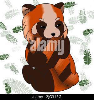 Ein brauner Panda sitzt und frisst seinen Schwanz, im Hintergrund ein Pater mit Unkraut Stock Vektor