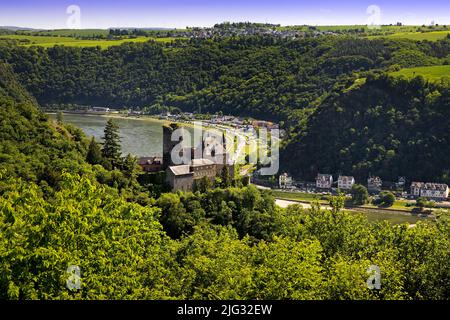 Rheintal mit Schloss Katz, Pamersberg, UNESCO-Weltkulturerbe Oberes Mittelrheintal, Deutschland, Rheinland-Pfalz, Pamersberg Stockfoto