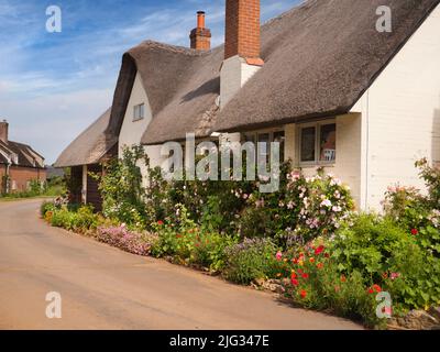 Ein wunderschönes Reethaus im Lower Radley Village, an einem schönen Sommermorgen. Aber Vorsicht, nicht alles ist so idyllisch, wie es zuerst erscheinen mag. Der Stockfoto