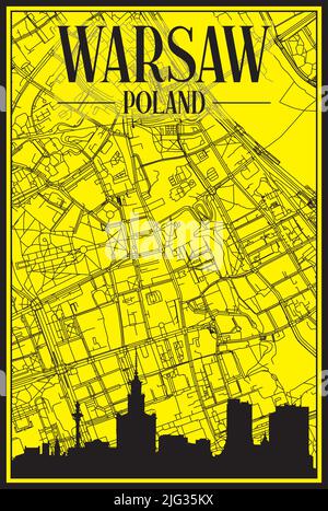 Goldenes Stadtplakat mit Panoramasilhouette und handgezeichneten Straßen auf gelb-schwarzem Hintergrund der Innenstadt VON WARSCHAU, POLEN Stock Vektor