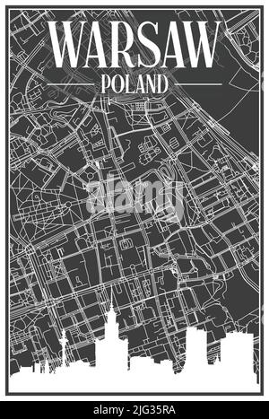 Ein Stadtplakat mit dunklem Ausdruck und Panoramasilhouette und handgezeichneten Straßen auf dunkelgrauem Hintergrund der Innenstadt VON WARSCHAU, POLEN Stock Vektor