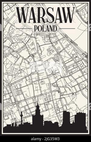 Stadtplakat mit hellem Ausdruck und Panoramasilhouette und handgezeichneten Straßen auf Vintage-beigefarbenem Hintergrund der Innenstadt VON WARSCHAU, POLEN Stock Vektor