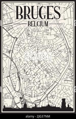 Stadtplakat mit hellem Ausdruck und Panoramasilhouette und handgezeichneten Straßen auf Vintage-beigefarbenem Hintergrund der Innenstadt VON BRÜGGE, BELGIEN Stock Vektor