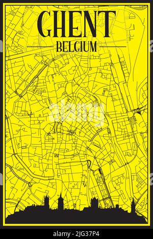 Goldenes Stadtplakat mit Panoramasilhouette und handgezeichneten Straßen auf gelb-schwarzem Hintergrund der Innenstadt VON GENT, BELGIEN Stock Vektor