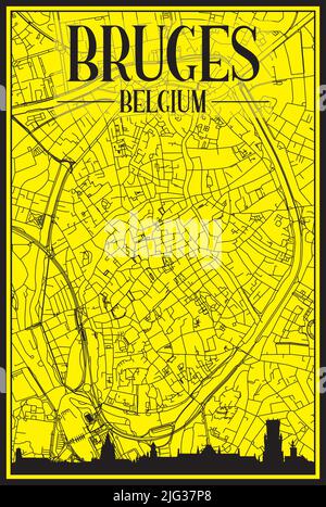 Goldenes Stadtplakat mit Panoramasilhouette und handgezeichneten Straßen auf gelb-schwarzem Hintergrund der Innenstadt VON BRÜGGE, BELGIEN Stock Vektor