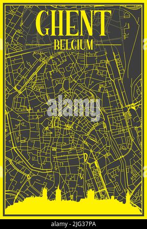 Gelbes Stadtplakat mit Panorama-Skyline und handgezeichneten Straßen auf dunkelgrauem Hintergrund der Innenstadt VON GENT, BELGIEN Stock Vektor