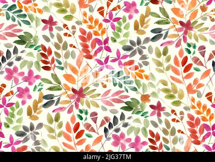 Nahtlos handbemalt Aquarell Wildwiese Blätter und Blumen Multicolor-Muster Stockfoto