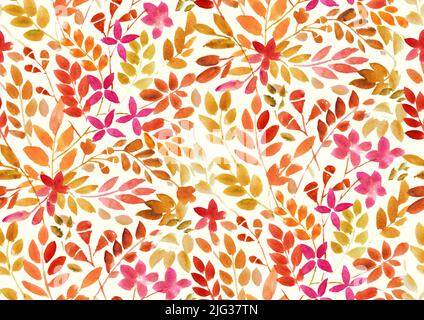 Nahtlos handbemalt Aquarell Wildwiese Blätter und Blumen Multicolor-Muster Stockfoto