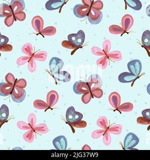Handgemalte Aquarell Schmetterlinge nahtlose Muster für Kinder, Textilien, Bettwäsche, Oberflächengestaltung Stockfoto