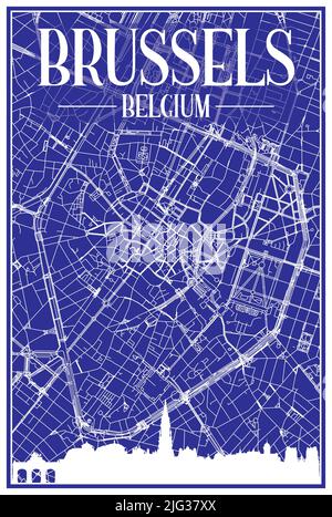 Technisches Zeichnungsausdruck Stadtplakat mit Panorama-Skyline und handgezeichneten Straßen Netzwerk auf blauem Hintergrund der Innenstadt VON BRÜSSEL, BELGIEN Stock Vektor