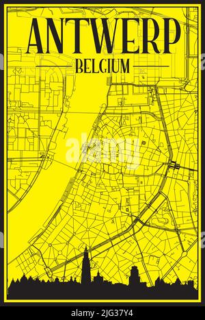 Goldenes Stadtplakat mit Panoramasilhouette und handgezeichneten Straßen auf gelb-schwarzem Hintergrund der Innenstadt VON ANTWERPEN, BELGIEN Stock Vektor