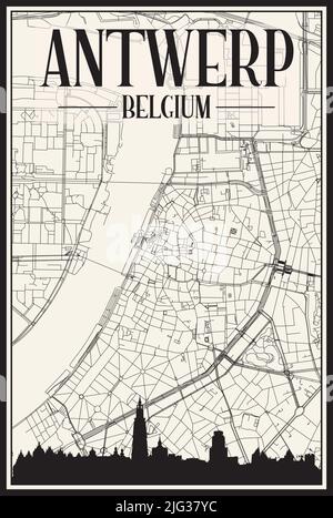 Stadtplakat mit hellem Ausdruck und Panoramasilhouette und handgezeichneten Straßen auf Vintage-beigefarbenem Hintergrund der Innenstadt VON ANTWERPEN, BELGIEN Stock Vektor