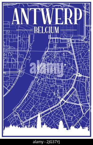 Technisches Zeichnungsausdruck Stadtplakat mit Panorama-Skyline und handgezeichneten Straßen Netzwerk auf blauem Hintergrund der Innenstadt VON ANTWERPEN, BELGIEN Stock Vektor