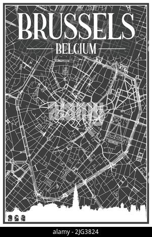 Ein Stadtplakat mit dunklem Ausdruck und Panoramasilhouette und handgezeichneten Straßen auf dunkelgrauem Hintergrund der Innenstadt VON BRÜSSEL, BELGIEN Stock Vektor