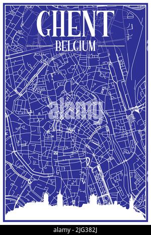 Technisches Zeichnungsausdruck Stadtplakat mit Panorama-Skyline und handgezeichneten Straßen Netzwerk auf blauem Hintergrund der Innenstadt VON GENT, BELGIEN Stock Vektor