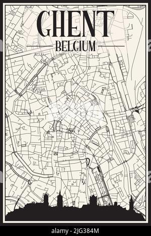 Stadtplakat mit hellem Ausdruck und Panoramasilhouette und handgezeichneten Straßen auf Vintage-beigefarbenem Hintergrund der Innenstadt VON GENT, BELGIEN Stock Vektor