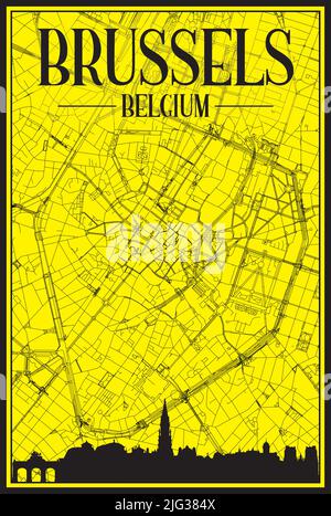 Goldenes Stadtplakat mit Panoramasilhouette und handgezeichneten Straßen auf gelb-schwarzem Hintergrund der Innenstadt VON BRÜSSEL, BELGIEN Stock Vektor