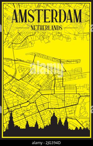 Goldenes Stadtplakat mit Panoramasilhouette und handgezeichneten Straßen auf gelb-schwarzem Hintergrund der Innenstadt VON AMSTERDAM, NIEDERLANDE Stock Vektor