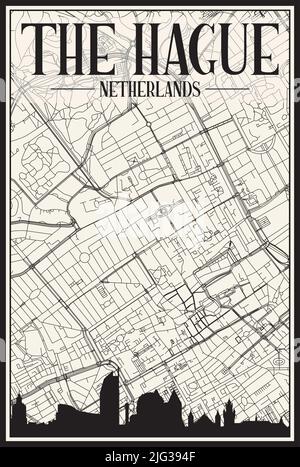 Stadtplakat mit hellem Ausdruck und Panoramasilhouette und handgezeichneten Straßen auf Vintage-beigefarbenem Hintergrund der Innenstadt VON DEN HAAG, NIEDERLANDE Stock Vektor