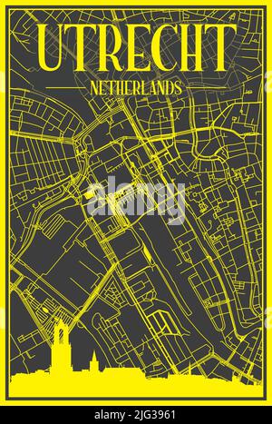 Gelbes Stadtplakat mit Panorama-Skyline und handgezeichneten Straßen auf dunkelgrauem Hintergrund der Innenstadt VON UTRECHT, NIEDERLANDE Stock Vektor