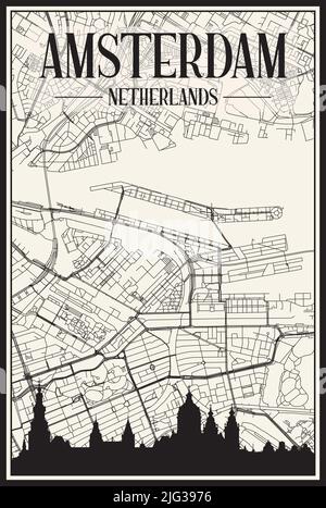 Stadtplakat mit hellem Ausdruck und Panoramasilhouette und handgezeichneten Straßen auf Vintage-beigefarbenem Hintergrund der Innenstadt VON AMSTERDAM, NIEDERLANDE Stock Vektor