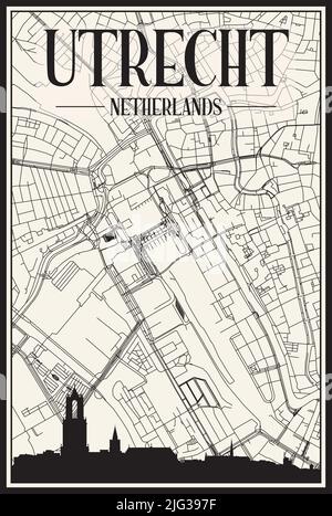 Stadtplakat mit hellem Ausdruck und Panoramasilhouette und handgezeichneten Straßen auf Vintage-beigefarbenem Hintergrund der Innenstadt VON UTRECHT, NIEDERLANDE Stock Vektor