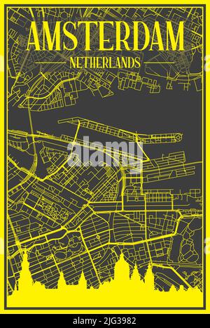 Gelbes Stadtplakat mit Panorama-Skyline und handgezeichneten Straßen auf dunkelgrauem Hintergrund der Innenstadt VON AMSTERDAM, NIEDERLANDE Stock Vektor
