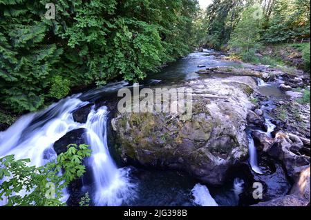 Die Tumwater Falls sind eine Reihe von Kaskaden am Deschutes River in Tumwater, Washington, USA. Stockfoto