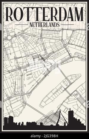 Stadtplakat mit hellem Ausdruck und Panorama-Skyline und handgezeichneten Straßen auf Vintage beigen Hintergrund der Innenstadt VON ROTTERDAM, NIEDERLANDE Stock Vektor