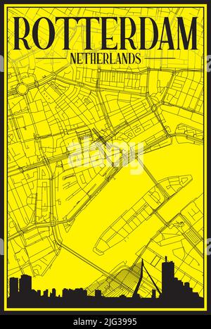 Goldenes Stadtplakat mit Panorama-Skyline und handgezeichneten Straßen auf gelb-schwarzem Hintergrund der Innenstadt VON ROTTERDAM, NIEDERLANDE Stock Vektor