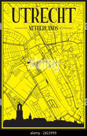 Goldenes Stadtplakat mit Panorama-Skyline und handgezeichneten Straßen auf gelb-schwarzem Hintergrund der Innenstadt VON UTRECHT, NIEDERLANDE Stock Vektor