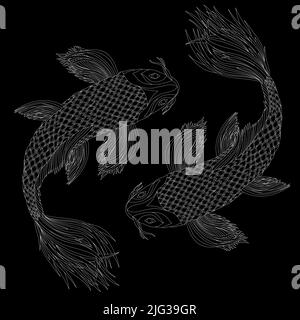 Zwei japanische Karpfen im Stil von feng Shui-Symbolen. Fische als Tierkreiszeichen. Weiße Abbildung. Stock Vektor