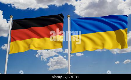 Deutsche und ukrainische Flaggen über blauem Himmel. Konzept der Diplomatie, des Abkommens, der internationalen Beziehungen, des Handels, der Geschäfte zwischen Deutschland und der Ukraine. 3D Stockfoto