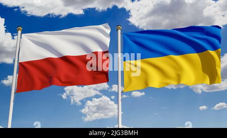 Polnische und ukrainische Flaggen über blauem Himmel. Konzept der Diplomatie, des Abkommens, der internationalen Beziehungen, des Handels, der Geschäfte zwischen Polen und der Ukraine. 3D r Stockfoto
