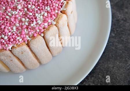 Typischer niederländischer Mausruck mit rosa Mäusen auf einem Kuchen, für die Babydusche Stockfoto