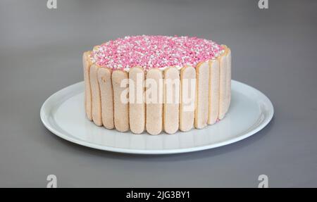 Typischer niederländischer Mausruck mit rosa Mäusen auf einem Kuchen, für die Babydusche Stockfoto