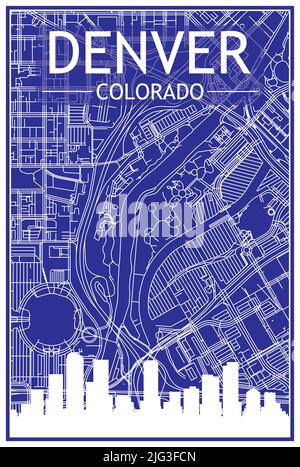 Technisches Zeichnungsausdruck Stadtplakat mit Panorama-Skyline und handgezeichneten Straßen Netzwerk auf blauem Hintergrund der Innenstadt VON DENVER, COLORADO Stock Vektor