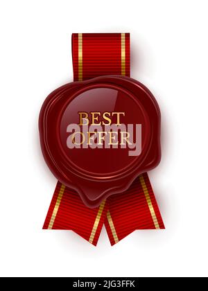 Rote Dichtung mit Band und besten Angebot Gold Stempel Vektor Illustration. Realistisches qualitätsabzeichen 3D für den Verkauf von Prämien im Einzelhandel, Aufklebermedaille für den Verkauf des Gewinners Stock Vektor