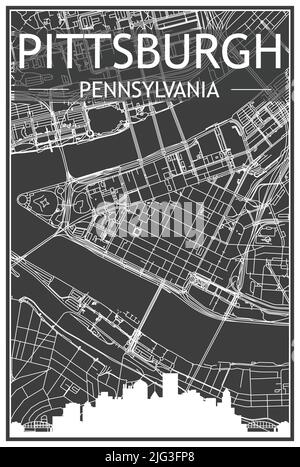 Stadtplakat mit dunklem Ausdruck und Panoramasilhouette und handgezeichneten Straßen auf dunkelgrauem Hintergrund der Innenstadt VON PITTSBURGH, PENNSYLVANIA Stock Vektor