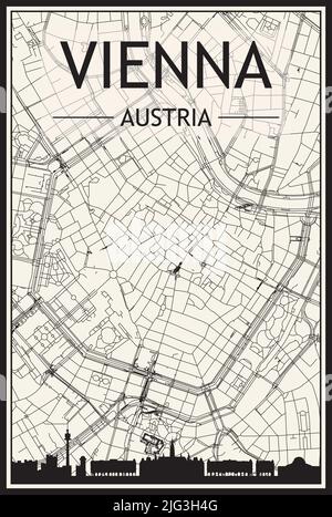 Stadtplakat mit hellem Ausdruck und Panoramasilhouette und handgezeichneten Straßen auf Vintage beigen Hintergrund der Innenstadt VON WIEN, ÖSTERREICH Stock Vektor