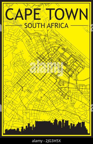 Goldenes Stadtplakat mit Panoramasilhouette und handgezeichneten Straßen auf gelb-schwarzem Hintergrund der Innenstadt VON KAPSTADT, SÜDAFRIKA Stock Vektor