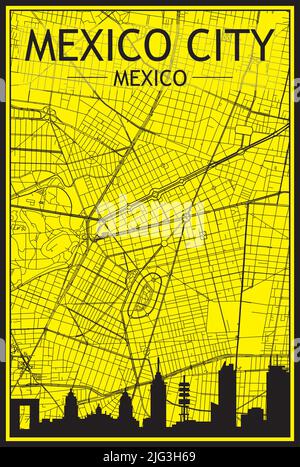 Goldenes Stadtplakat mit Panoramasilhouette und handgezeichneten Straßen auf gelb-schwarzem Hintergrund der Innenstadt VON MEXIKO-STADT, MEXIKO Stock Vektor