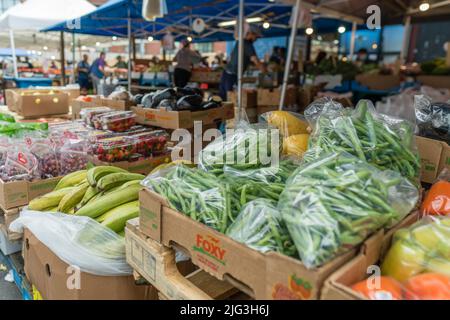 Boston, MA, USA, 11. Juni 2022: Nahaufnahme von Gemüse einschließlich grüner Bohnen im Haymarket - dem kultigen Produktmarkt in der Innenstadt. Absichtlich Stockfoto